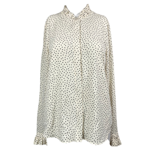 Talbots‎ Shirt Womens Sz S White Black Polka Dot Ruffle Mock Neck Button Up - Picture 1 of 9